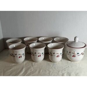 Farberware White Christmas 1995 7 Mugs w/ Lidded Sugar Bowl Holiday VTG Set